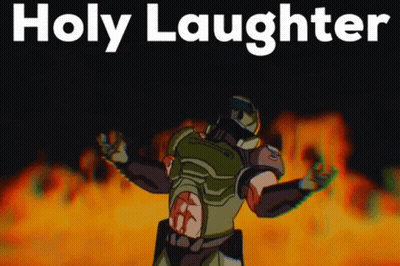 A Video Game Character Is Standing In Front Of A Fire And The Words Holy Laughter Above Him GIF