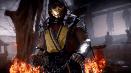 A Video Game Character Is Standing In Front Of A Fire With Chains Around His Waist . GIF