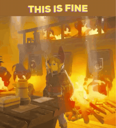 A Video Game Character Is Standing In Front Of A Fire With The Words This Is Fine Above Him GIF