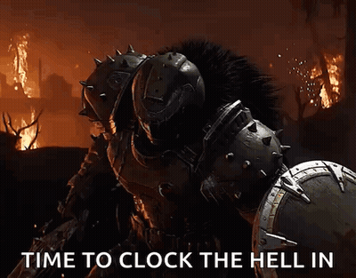 A Video Game Character Is Standing In Front Of A Fire With The Words Time To Clock The Hell In Above Him GIF