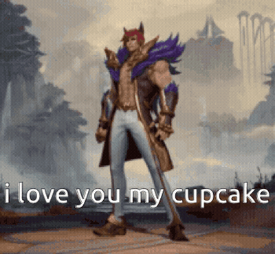 A Video Game Character Is Standing In Front Of A Landscape With The Words `` I Love You My Cupcake '' . GIF