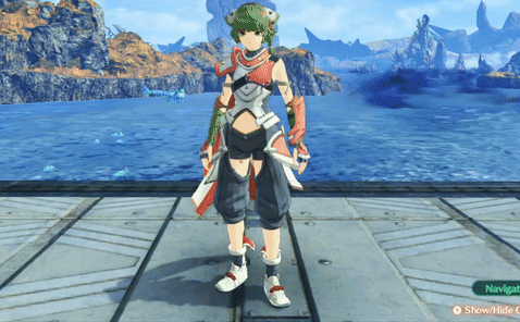 A Video Game Character Is Standing In Front Of A Large Body Of Water With A Green Button That Says Navigate GIF