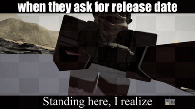 A Video Game Character Is Standing In Front Of A Mountain With The Caption When They Ask For Release Date Standing Here  GIF
