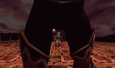 A Video Game Character Is Standing In Front Of A Pillar With A Purple Sky In The Background GIF