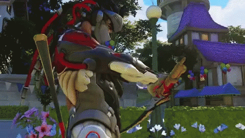 A Video Game Character Is Standing In Front Of A Purple Building With Balloons On It GIF