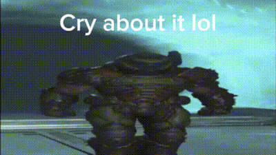 A Video Game Character Is Standing In Front Of A Wall With The Words `` Cry About It Lol '' . GIF