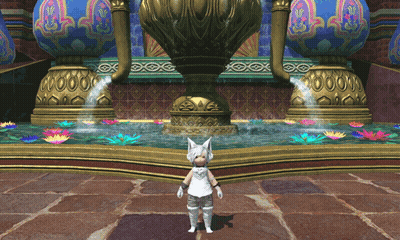 A Video Game Character Is Standing In Front Of A Water Fountain GIF