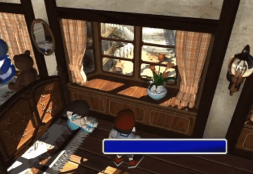 A Video Game Character Is Standing In Front Of A Window With A Blue Bar In Front Of Him GIF