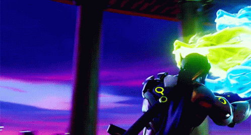 A Video Game Character Is Standing In Front Of A Window With A Purple Sky Behind Him GIF