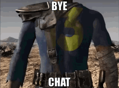 A Video Game Character Is Standing In The Desert With The Words Bye Chat Written On His Back GIF