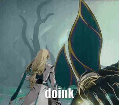 A Video Game Character Is Standing Next To A Monster And The Word Doink Is Visible GIF