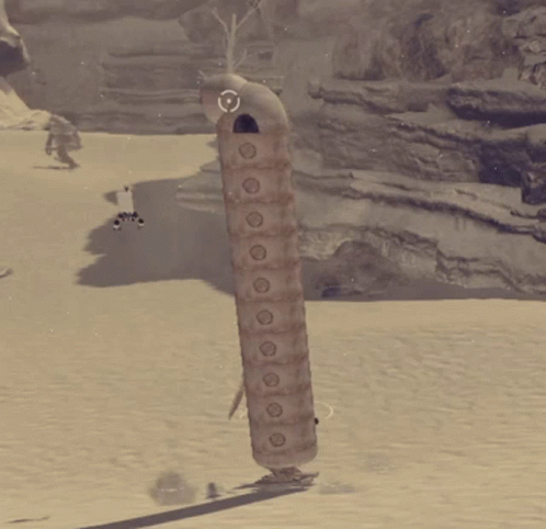 A Video Game Character Is Standing Next To A Very Tall Pillar With Circles On It GIF
