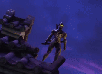 A Video Game Character Is Standing On A Roof Holding A Sword And A Pickaxe . GIF