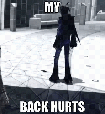 A Video Game Character Is Standing On A Tiled Floor With The Words My Back Hurts GIF