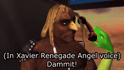 A Video Game Character Is Talking To A Green Snake With The Words " In Xavier Renegade Angel Voice Dammit " GIF