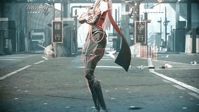 A Video Game Character Is Walking Down A Street With Chinese Characters On The Signs GIF
