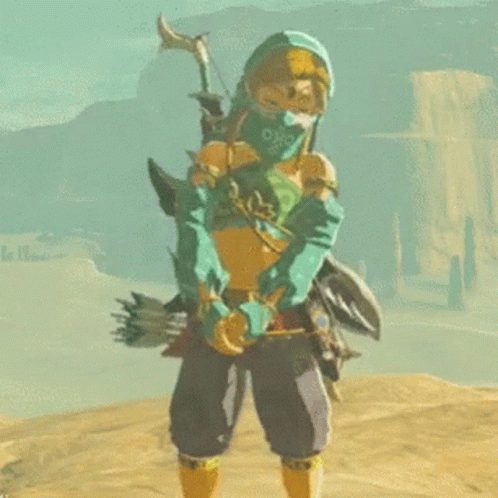 A Video Game Character Is Wearing A Mask And Gloves While Standing On A Hill . GIF