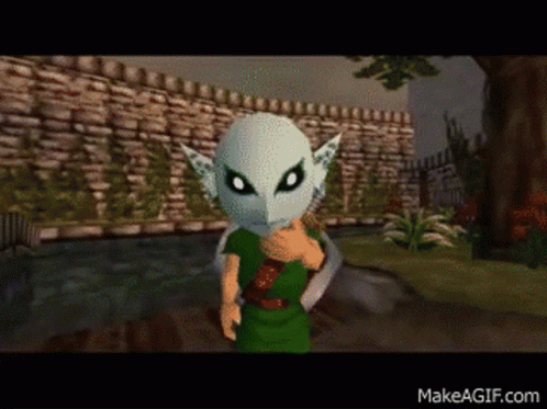 A Video Game Character Is Wearing A White Mask And A Green Shirt GIF