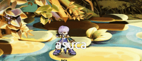 A Video Game Character Named Asuca Is Standing On A Platform In The Water GIF