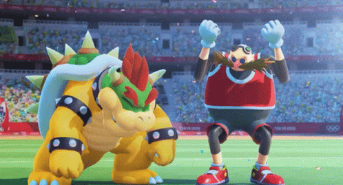 A Video Game Character Named Bowser And A Video Game Character Named Earwig Are Dancing On A Field GIF