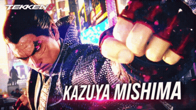 A Video Game Character Named Kazuya Mishima With A Fist In The Air GIF