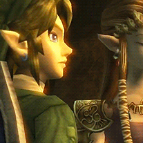 A Video Game Character Named Link And Zelda Are Looking At Each Other In A Dark Room GIF