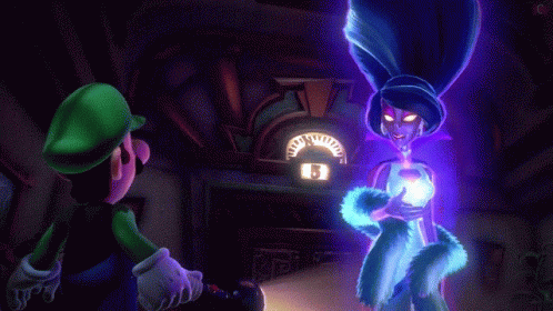 A Video Game Character Named Luigi Is Standing Next To A Ghost In Front Of A Door With The Number 5 On It . GIF