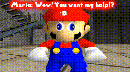 A Video Game Character Named Mario Is Standing On A Sidewalk And Talking To Someone . GIF