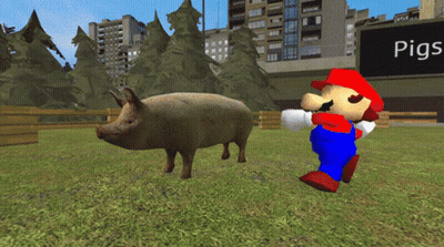 A Video Game Character Named Mario Standing Next To A Pig And A Sign That Says Pigs GIF