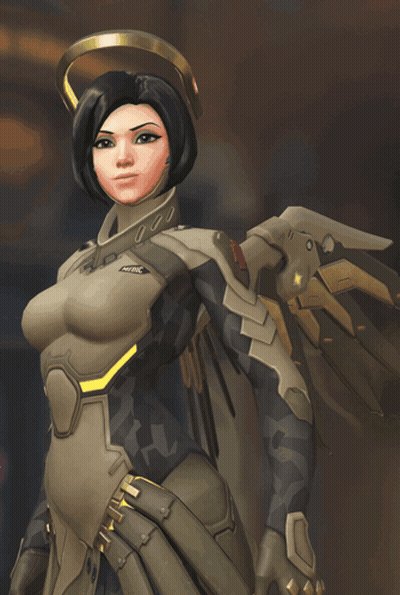 A Video Game Character Named Mercy Is Standing In A Dark Room GIF