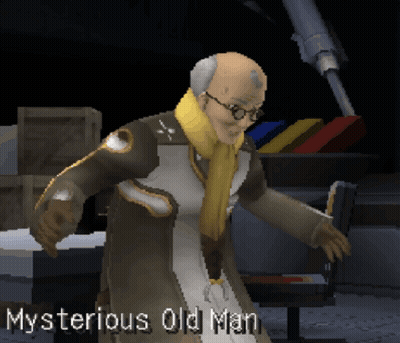 A Video Game Character Named Mysterious Old Man Is Standing In A Dark Room GIF