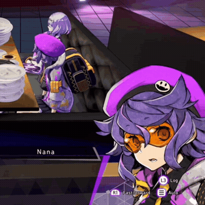 A Video Game Character Named Nana Has A Purple Hat And Sunglasses On GIF