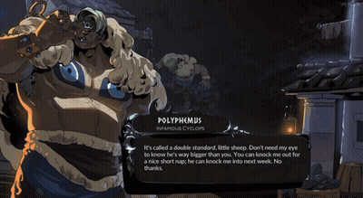 A Video Game Character Named Polyphemus Is Talking To Someone GIF