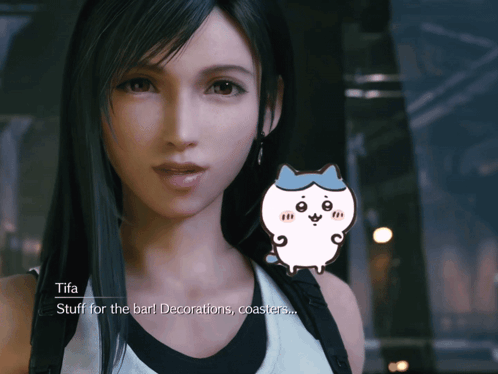 A Video Game Character Named Tifa Says Stuff For The Bar Decorations And Coasters GIF