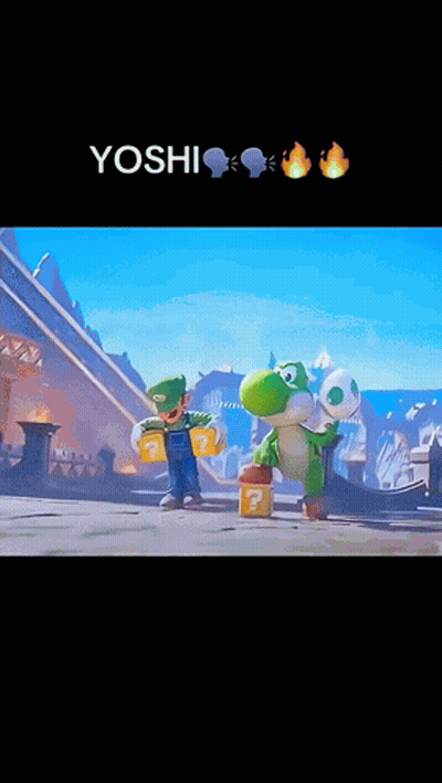 A Video Game Character Named Yoshi Is Holding A Question Mark Block GIF