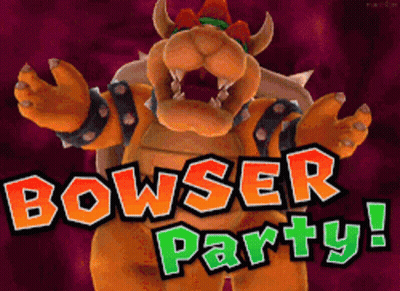 A Video Game Character Says " Bowser Party " With A Purple Background GIF