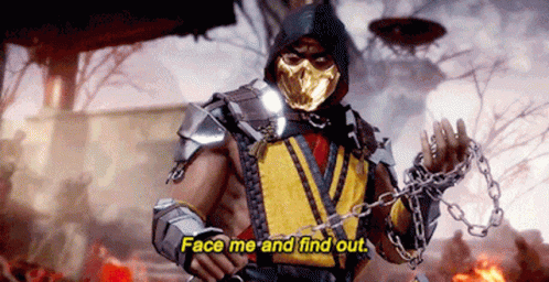 A Video Game Character Says Face Me And Find Out While Holding A Chain . GIF