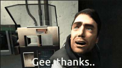 A Video Game Character Says Gee Thanks In Front Of A Danger Machine GIF