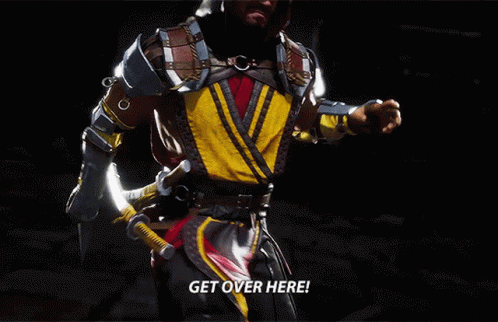 A Video Game Character Says " Get Over Here " While Holding A Sword GIF