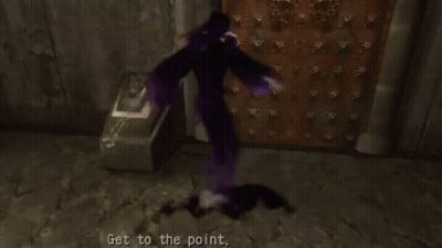 A Video Game Character Says Get To The Point In Purple GIF