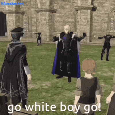 A Video Game Character Says Go White Boy Go While Standing In A Field GIF