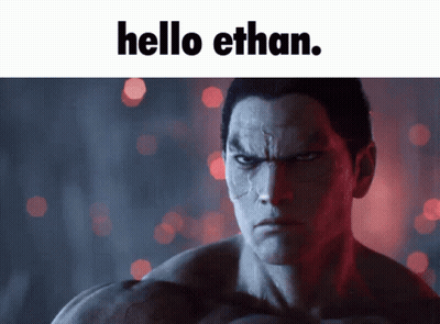 A Video Game Character Says Hello Ethan In Front Of A Blurry Background GIF
