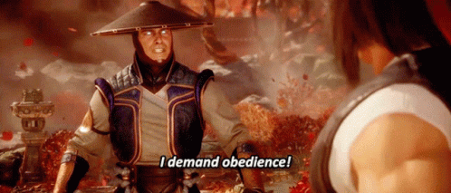 A Video Game Character Says " I Demand Obedience " In Front Of Another Character GIF