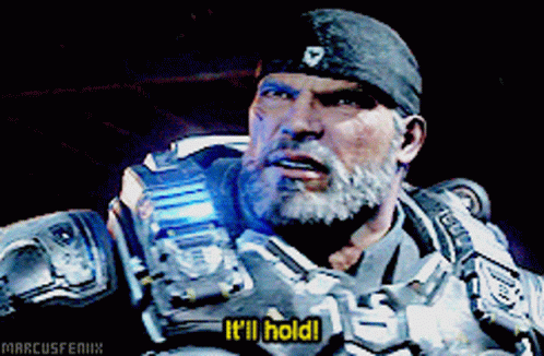 A Video Game Character Says " It 'Ll Hold " In A Dark Room GIF