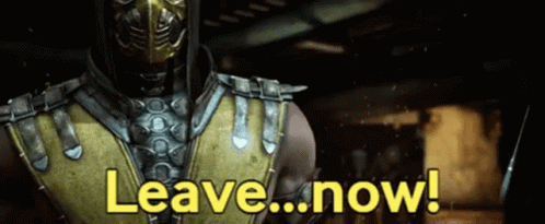 A Video Game Character Says Leave Now In A Dark Room GIF