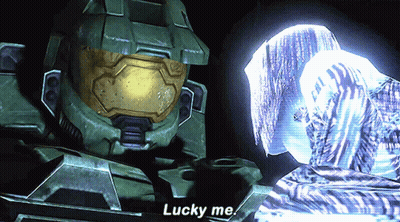 A Video Game Character Says " Lucky Me " In A Dark Room GIF