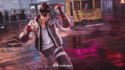 A Video Game Character Says " New Challenger " In Front Of A Hot Dog Truck . GIF