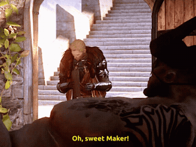 A Video Game Character Says Oh Sweet Maker In Front Of Stairs GIF