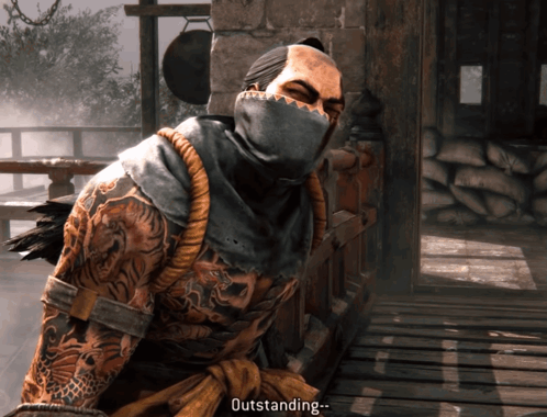 A Video Game Character Says Outstanding While Wearing A Black Mask GIF