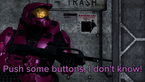 A Video Game Character Says Push Some Buttons I Don 'T Know While Holding A Gun GIF